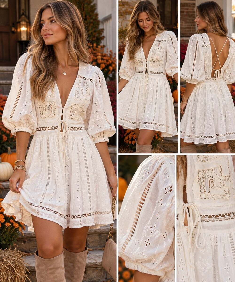 Urban Outfitters White Eyelet Lace Mini/Midi Dress – Size L